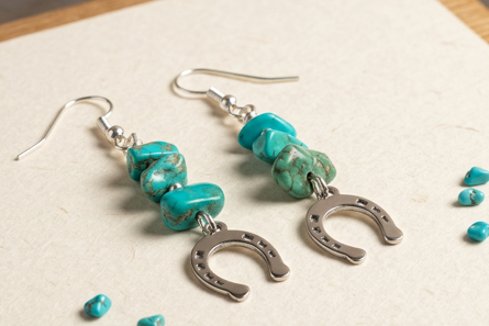 Turquoise and jasper earrings with horseshoe charms, approximately 1 inch long