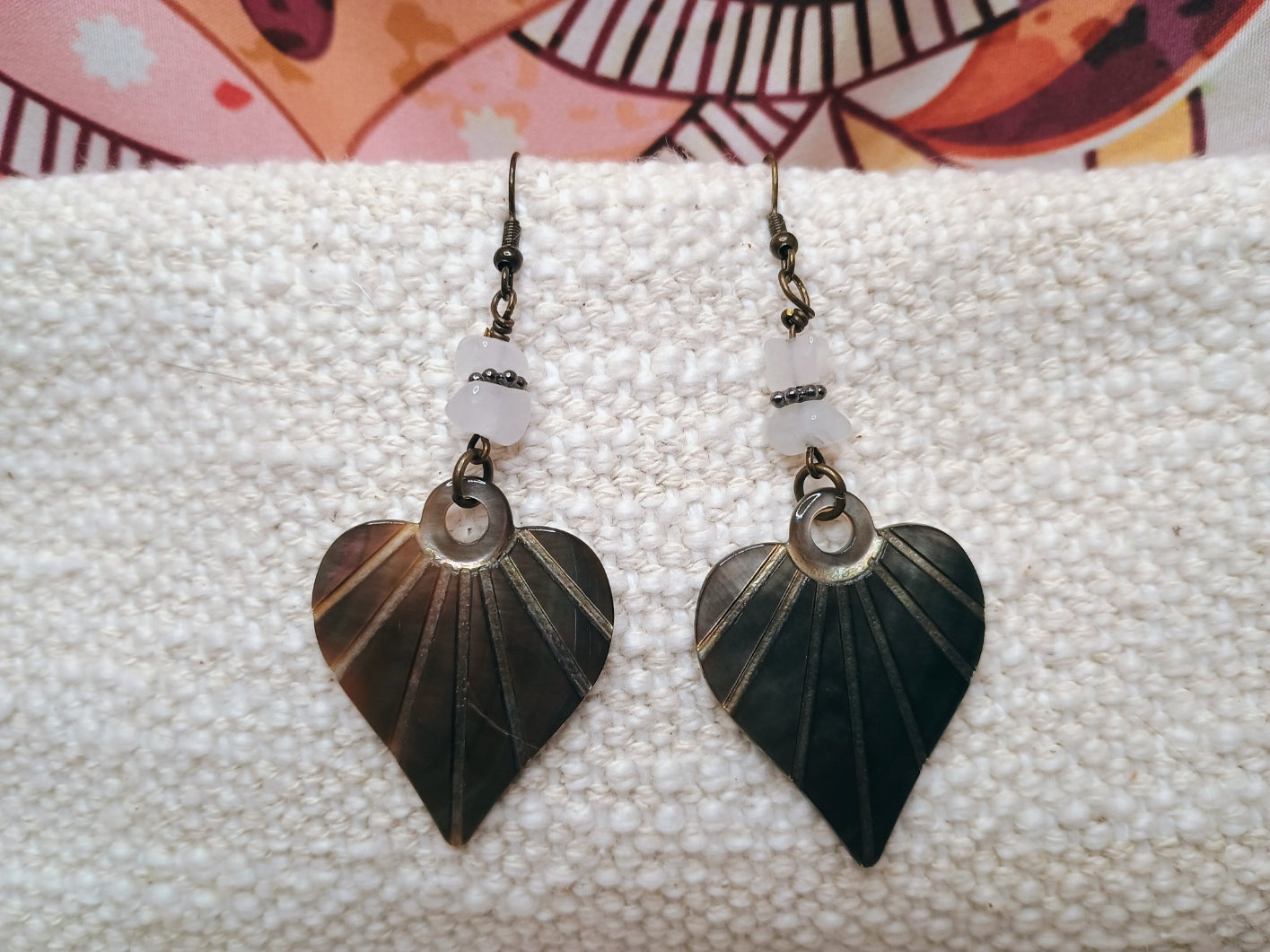Dark Shell Heart & Quartz Dangle Earrings