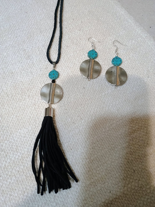 Turquoise and Tassel Jewelry Set - necklace and earrings on white background