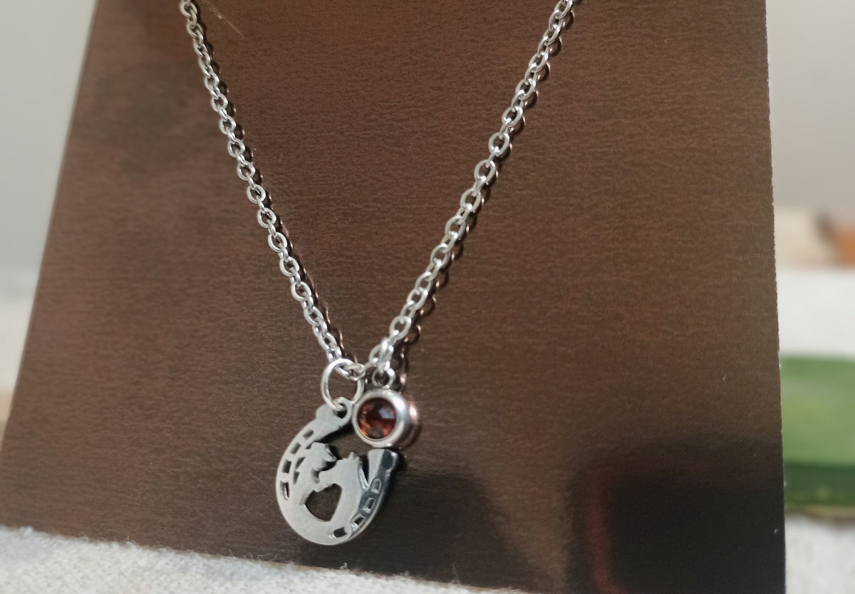 Silver-tone horseshoe and horse silhouette charm necklace with garnet crystal on jewelry display card