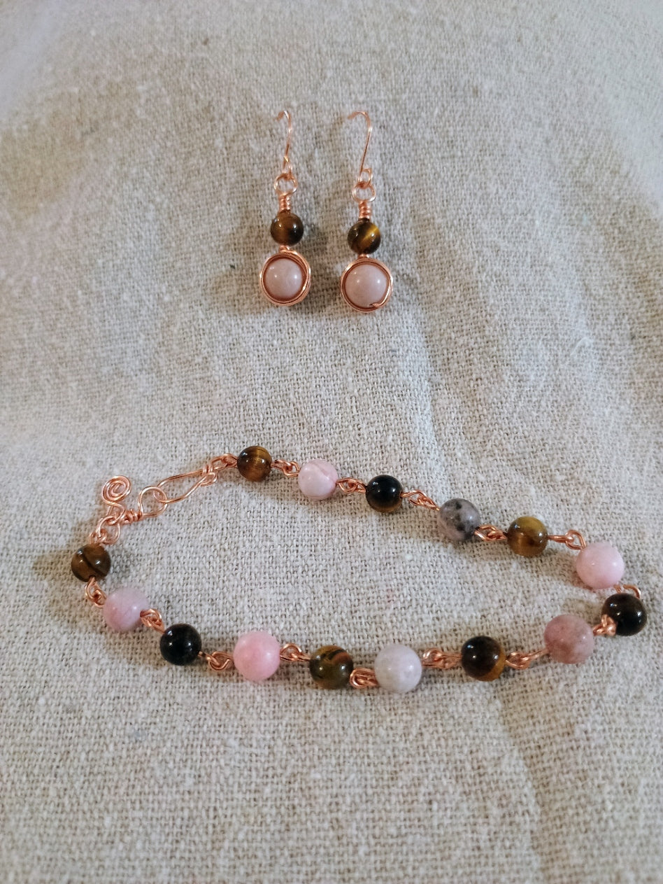Pink zebra jasper and tiger eye bracelet and earring set on coated copper wire