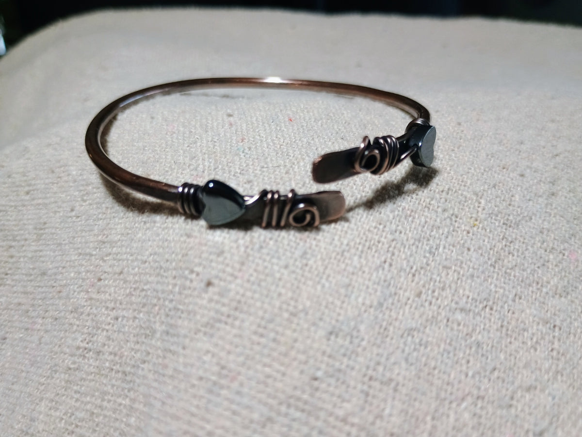 Oxidized Copper Cuff Bracelet with Hematite Hearts