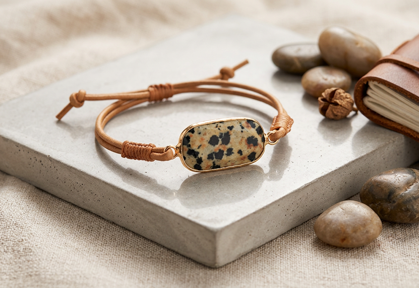 Dalmatian jasper bracelet with cream and dark-speckled natural stone, gold-tone setting, and tan leather cord