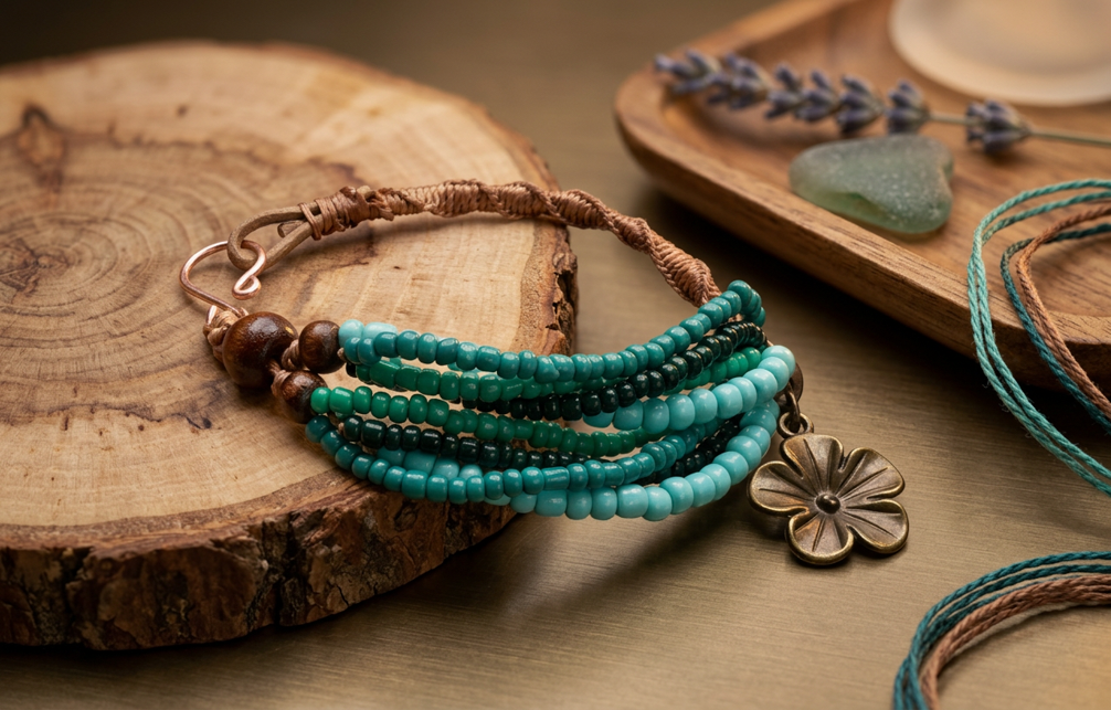 Teal Bloom Leather & Beaded Bracelet
