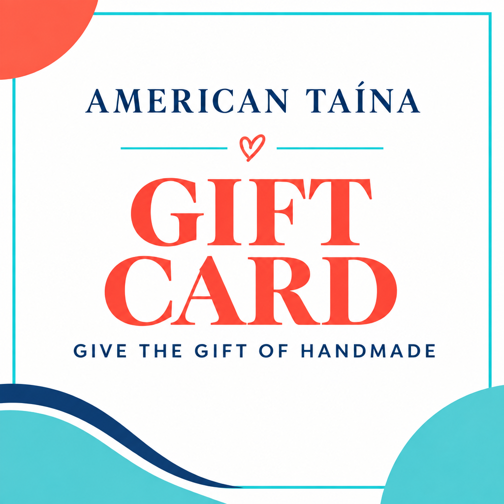 American Taína Gift Card graphic in coral, turquoise and navy with Give the Gift of Handmade text