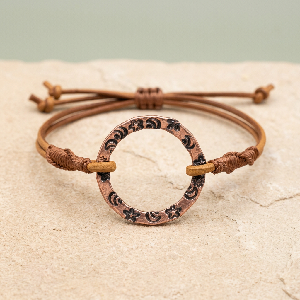 Bracelet product shot with soft daylight and an earthy sand-and-sage background