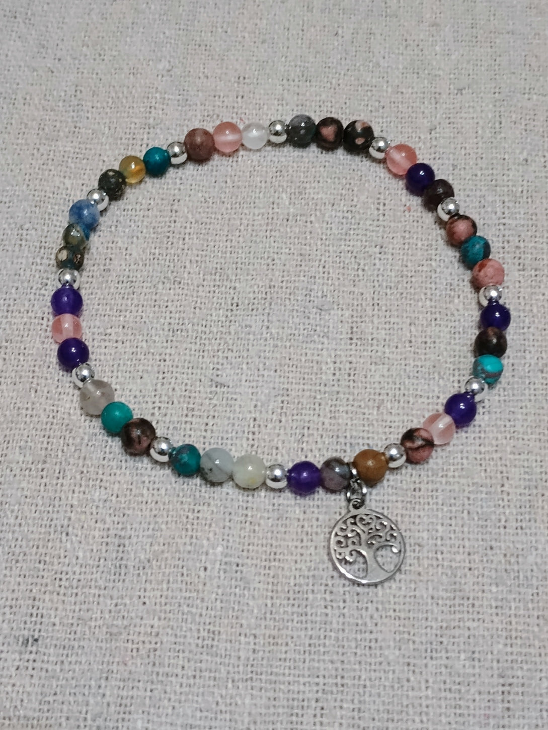 Mixed Gemstone Stretch Bracelet with Tree of Life Charm
