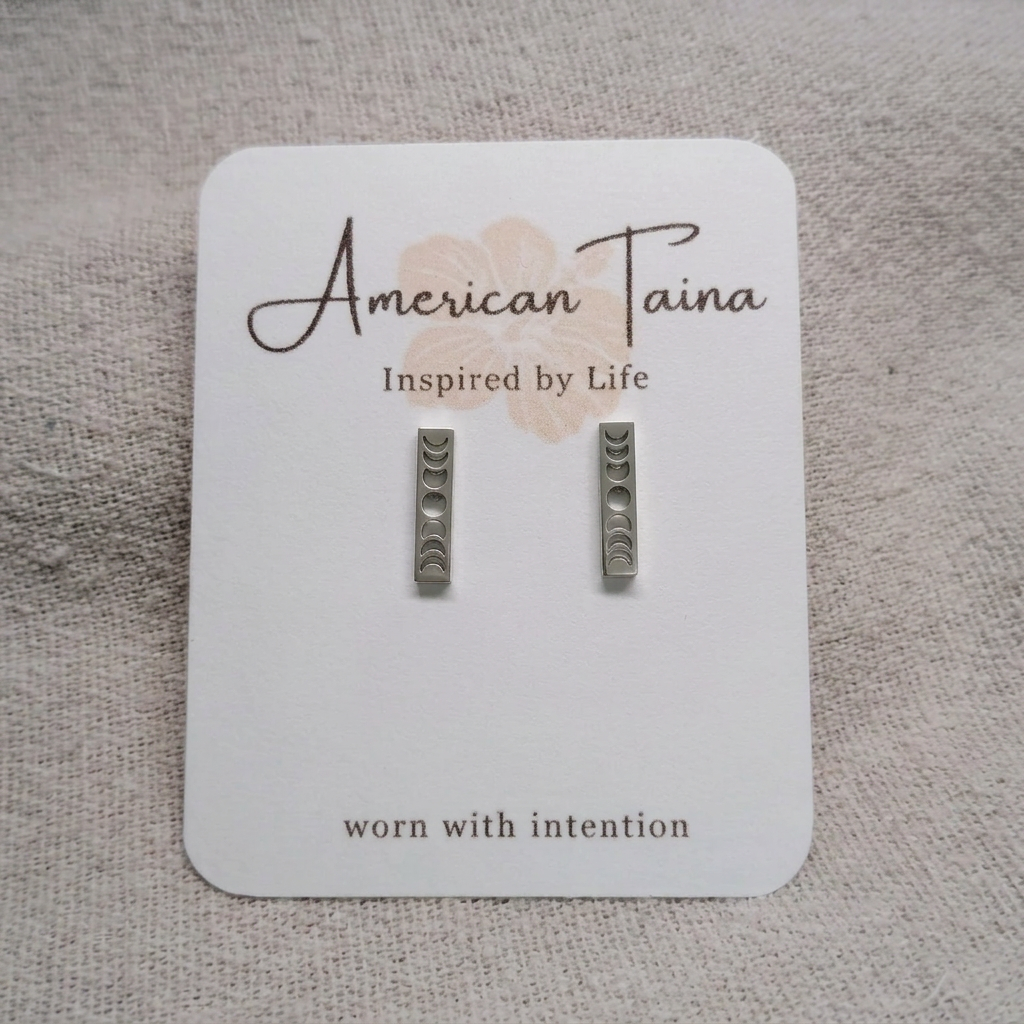Moon phase studs with hollow cutouts in silver stainless steel