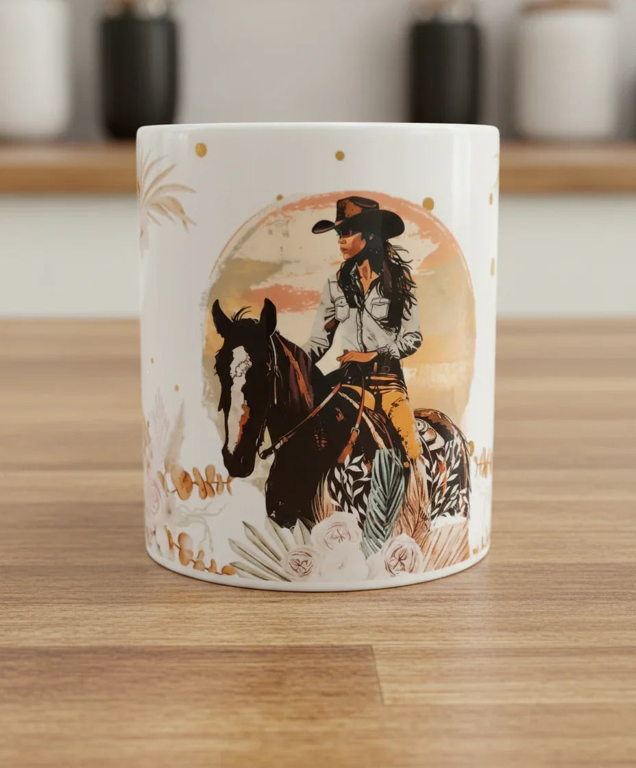 White ceramic mug featuring a Western-style illustration of a woman in a cowboy hat riding a horse with floral accents