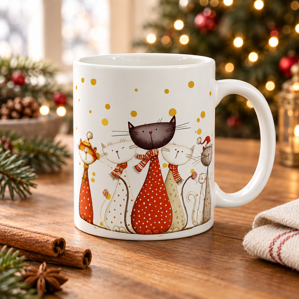 Wisker Wonders mug in a cozy Christmas kitchen