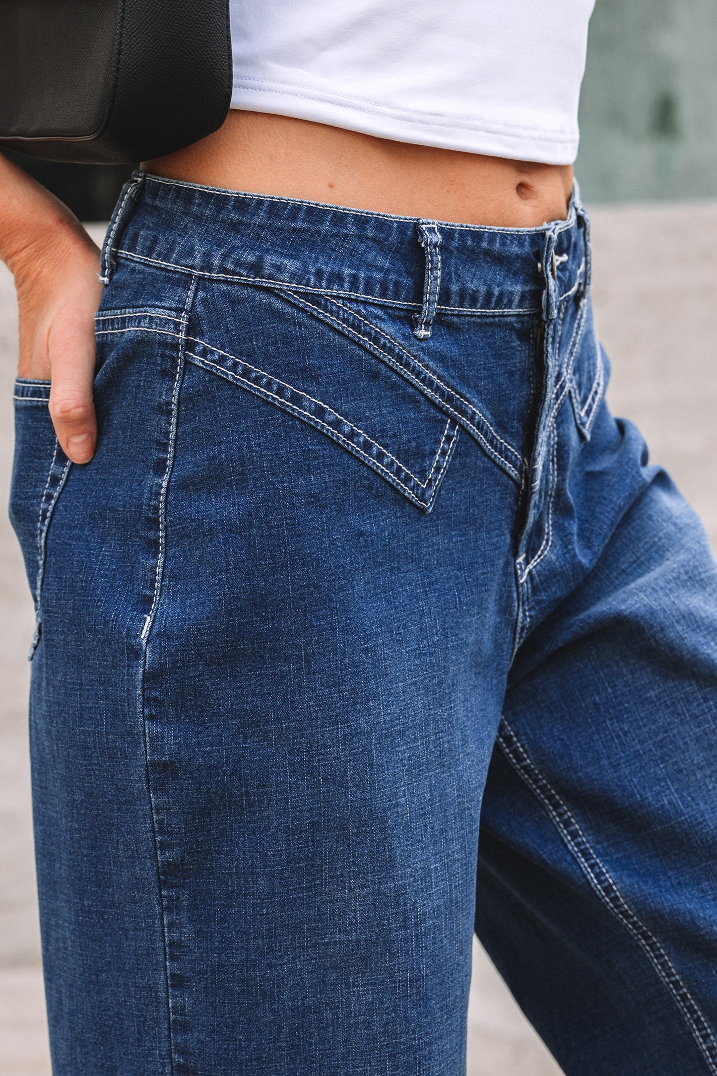 Sail Blue Stitched Waist Detail Loose Cuffed Jeans