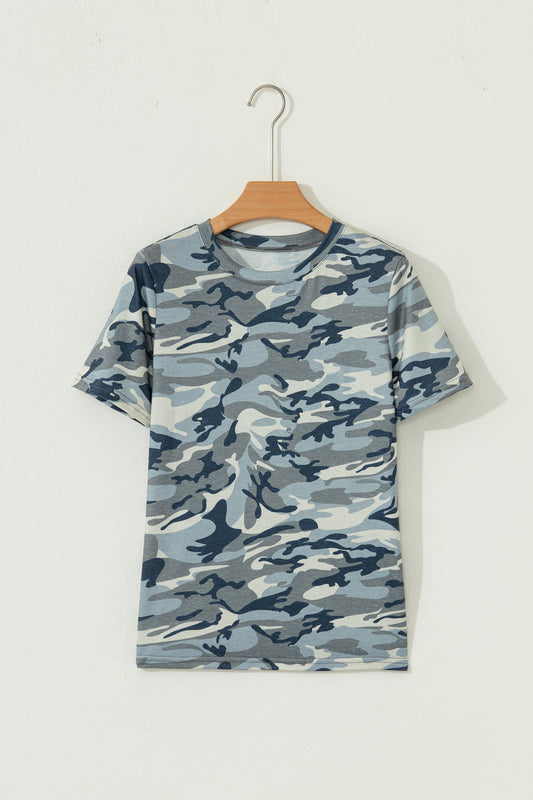 Green Camouflage Print Crew Neck T Shirt