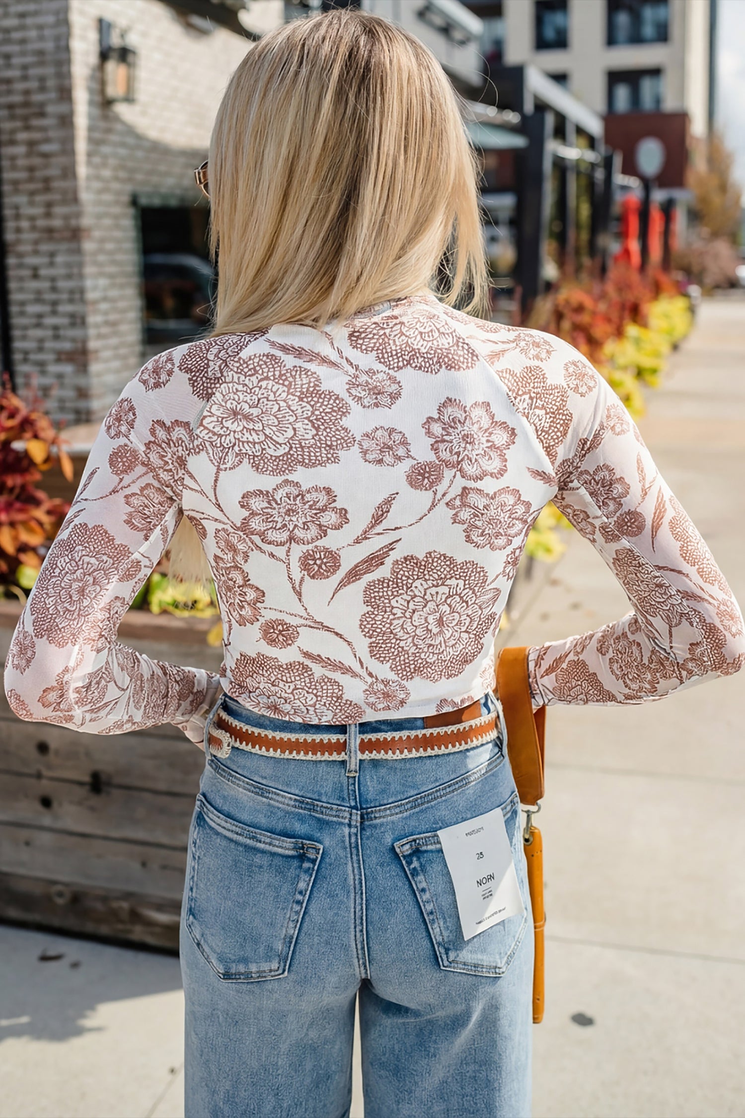 Brown Thumbhole Long Sleeve Floral Print Mesh Top