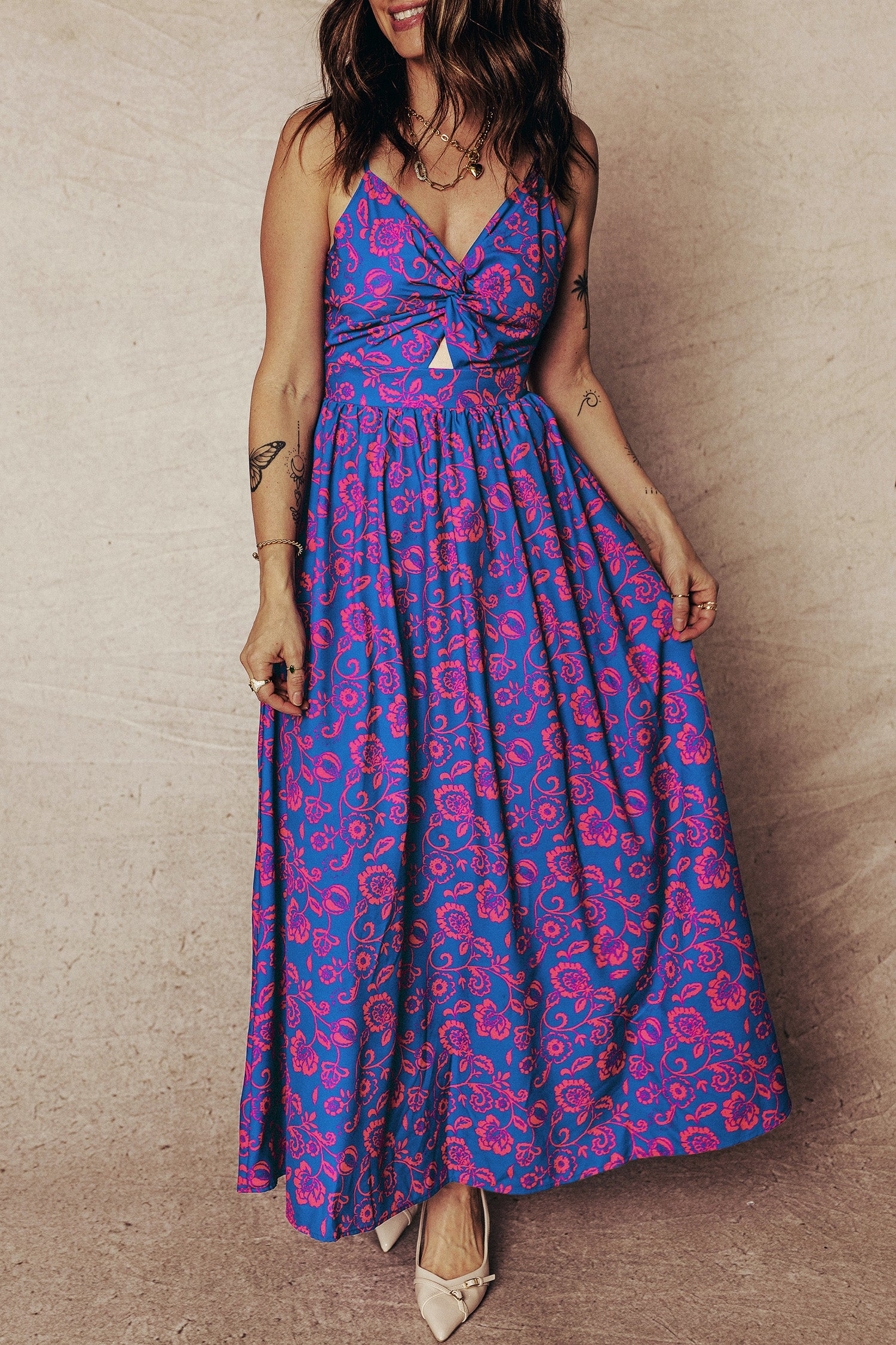 Blue Floral Print Twisted V Neck Tied Backless Maxi Dress