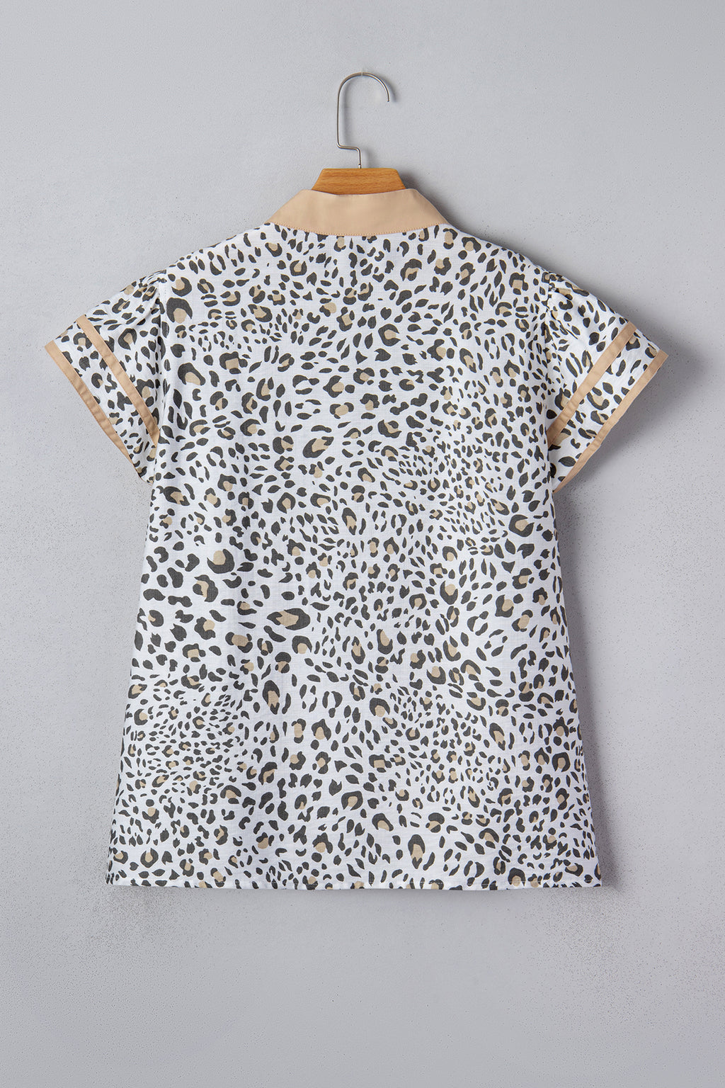 White Leopard Printed Color Block Patchwork V Neck Cap Sleeve Blouse