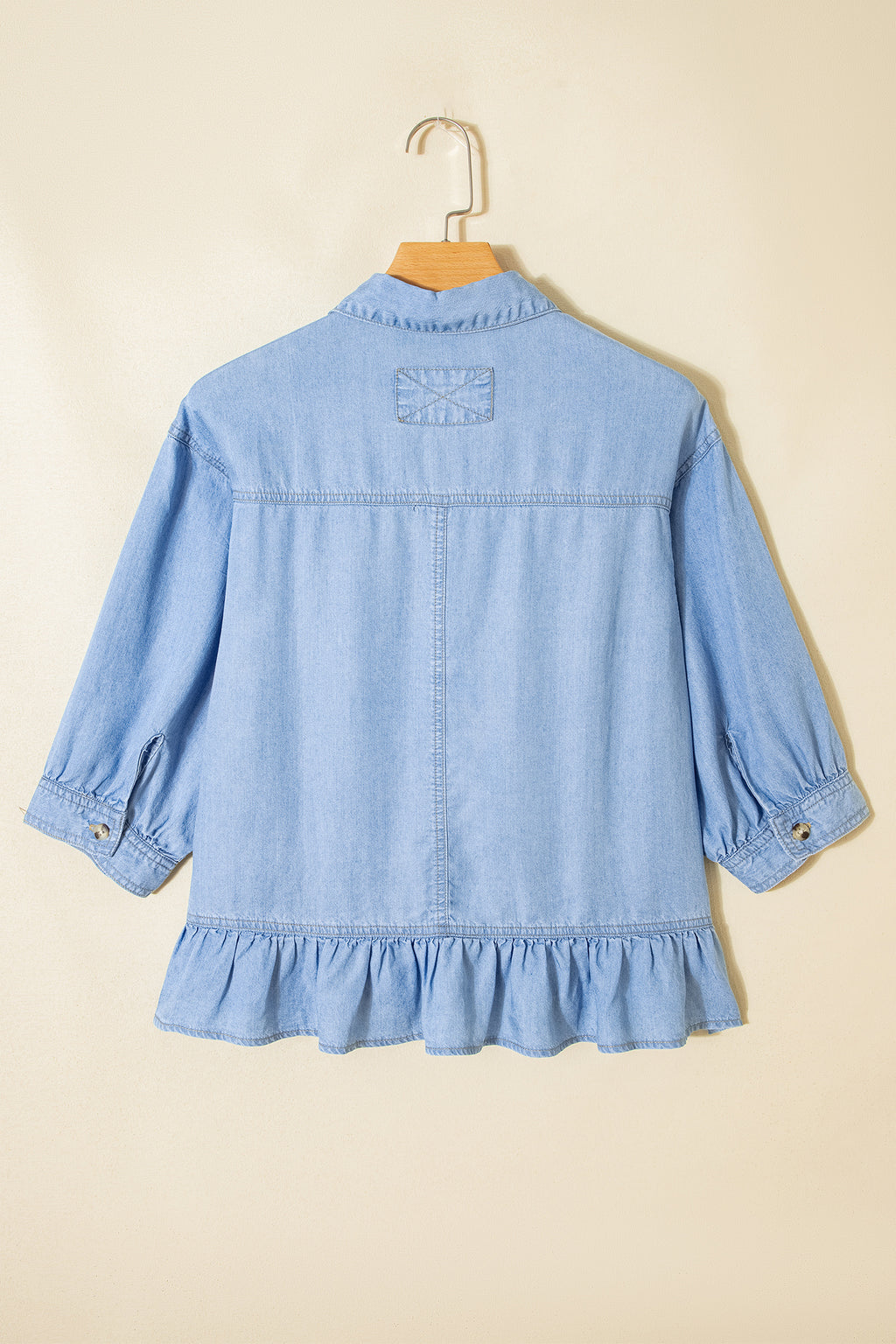 Beau Blue Half Sleeve Button Down Ruffled High Low Chambray Shirt