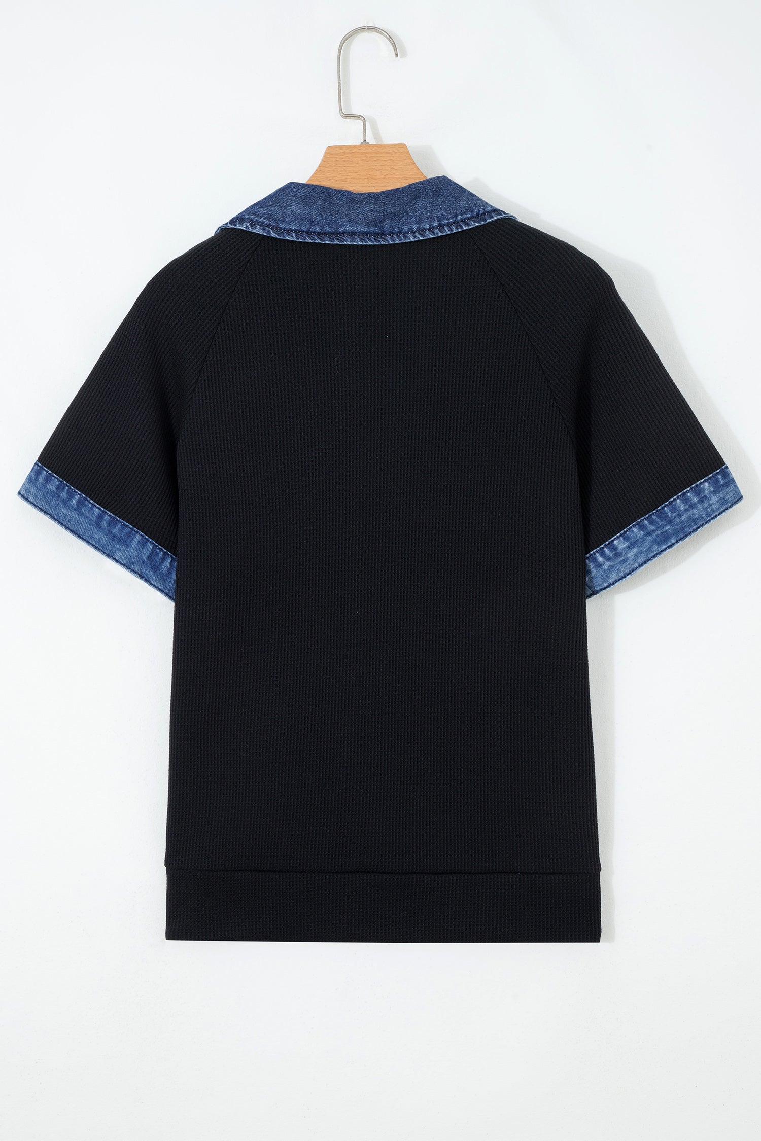 Black Waffle Knit Denim Contrast Trim Patchwork Button Polo Collar Top