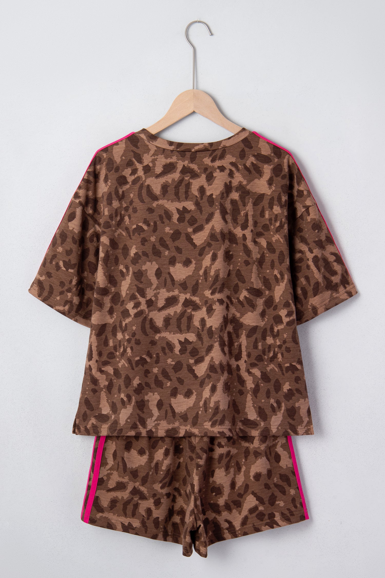 Brown Contrast Striped Accent Leopard Short Set