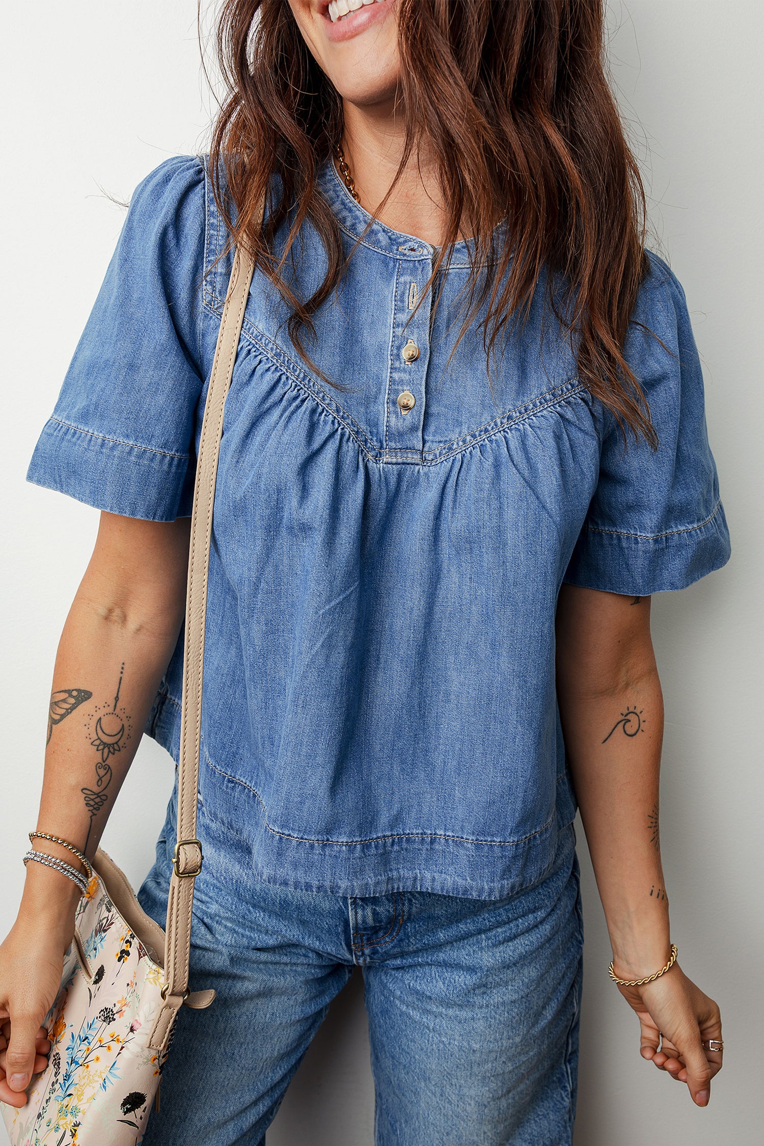 Beau Blue Seam Pleated Detail Half Button Short Sleeve Denim Top