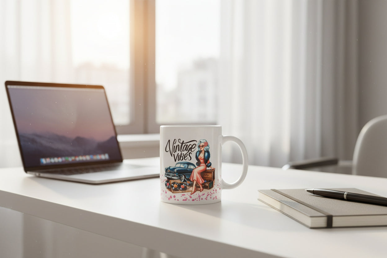 White mug with retro design featuring a vintage car, woman in pink dress, vinyl records, and text Vintage Vibes