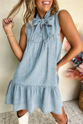 Beau Blue Bowknot Neck Sleeveless Ruffled Chambray Dress