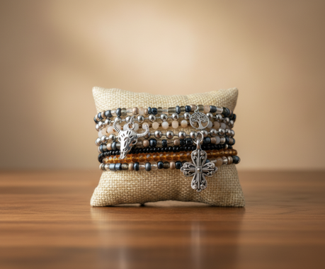 Beaded bracelet stack with silver cross and floral charms on a linen display pillow