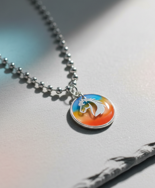 Sunset Spirit Horse Pendant Necklace on silver ball chain
