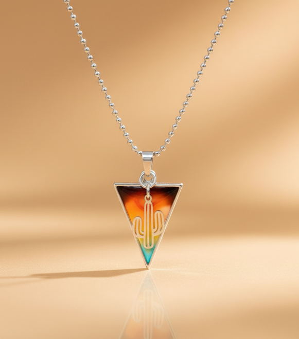 Desert Sunset Cactus Pendant Necklace styled editorial shot