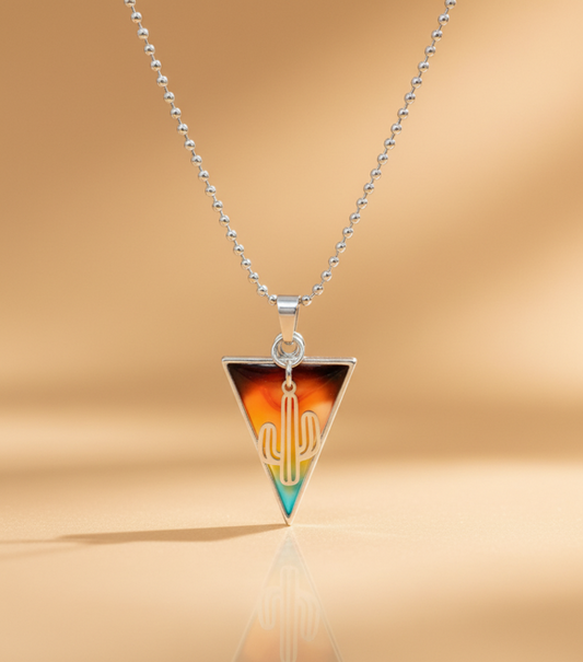 Desert Sunset Cactus Pendant Necklace styled editorial shot