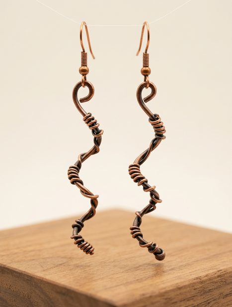 Handcrafted copper twisted-wire earrings, approximately 1.5 inches long