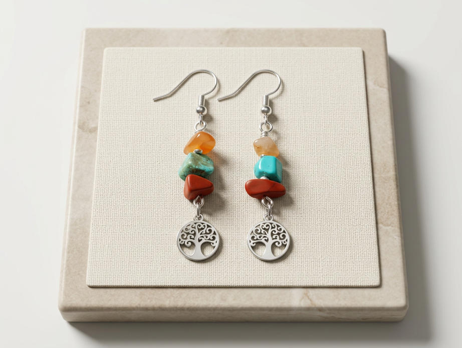 Turquoise and jasper earrings with an orange accent stone and tree-of-life charms, approximately 1 inch long