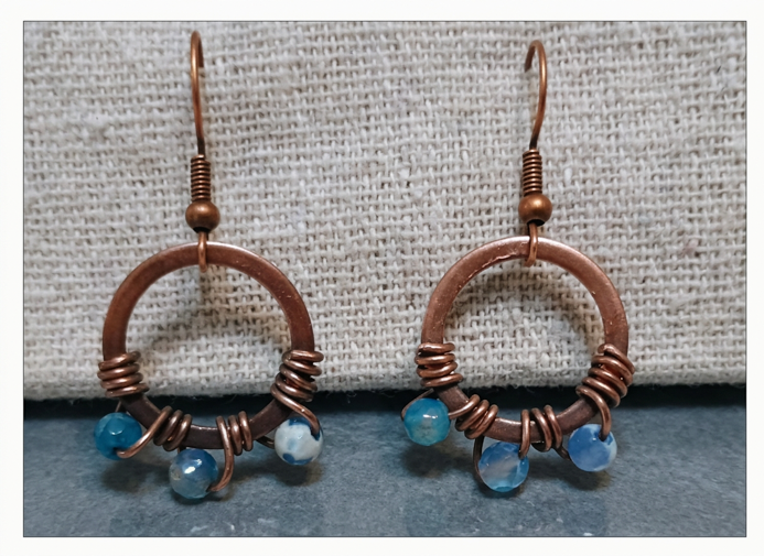 Small copper hoop earrings with blue agate beads