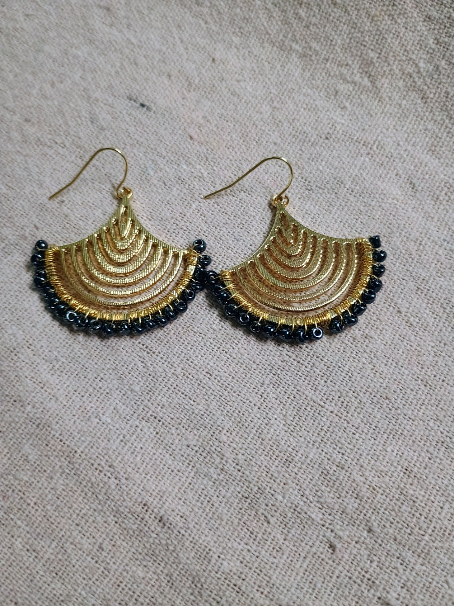 Gold Fan Earrings with Dark Blue Shimmer Beads