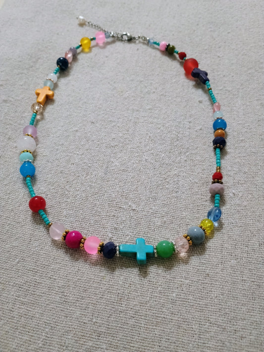 mixed beads neckleace with cross
