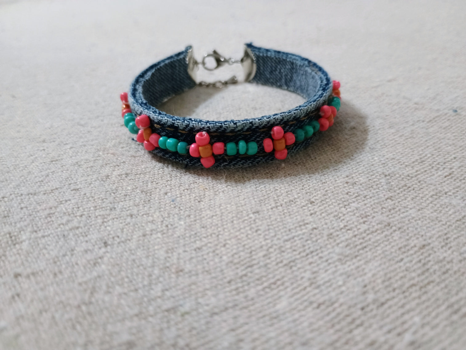 Handmade Denim Bracelet with Flower Bead Design