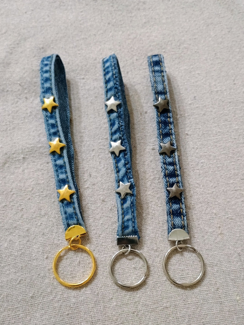handmade denim keychains with metal stars studs