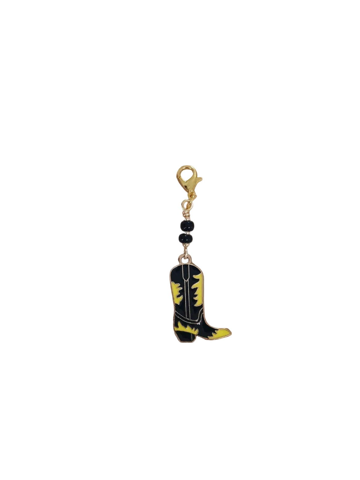 Western cowboy boot keychain with black and yellow enamel charm and gold clasp, handmade jewelry by American Taina