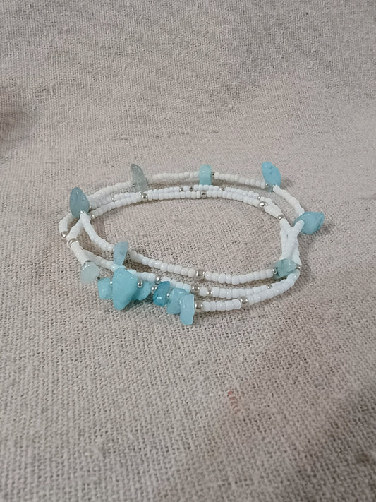 Aqua Amazonite & White Seed Bead Jewelry Set – 3 Stretchy Bracelets  and  Earrings Set