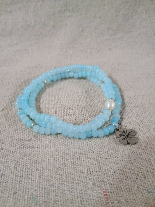 Turquoise Tiger Eye Glass & Pearl Bracelet Stack – Set of 3 Stretchy Bracelets with Hibiscus Charm