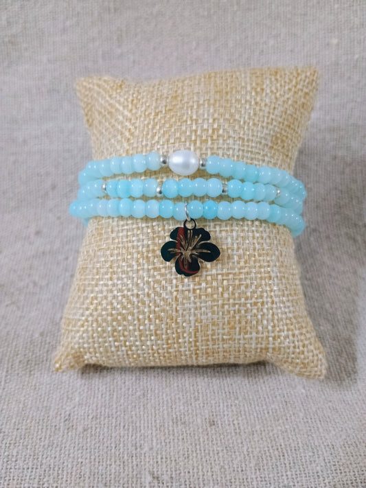 Turquoise Tiger Eye Glass & Pearl Bracelet Stack – Set of 3 Stretchy Bracelets with Hibiscus Charm