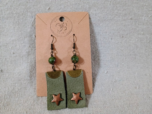 Sage Green Leather & Natural Stone Star Stud Earrings