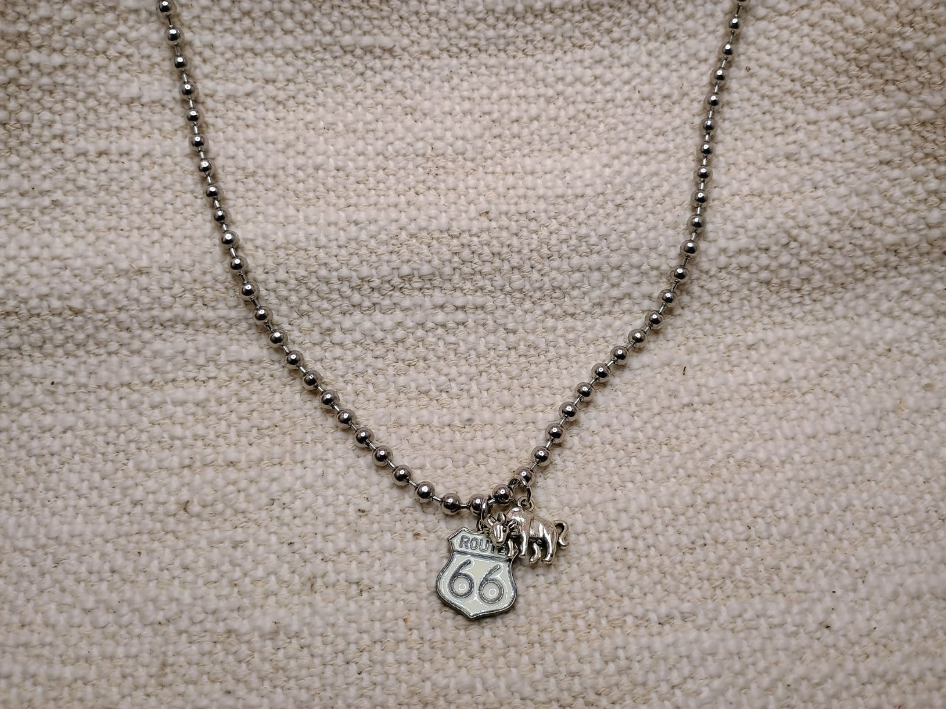 Men's Route 66 & Bull Charm Ball Chain Necklace