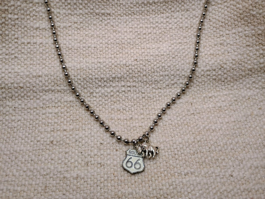 Men's Route 66 & Bull Charm Ball Chain Necklace