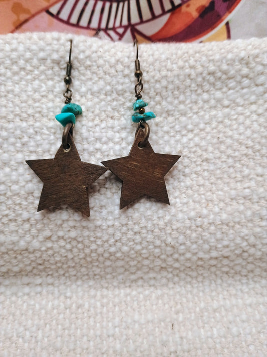 Wood Burned Star & Turquoise Chip Dangle Earrings