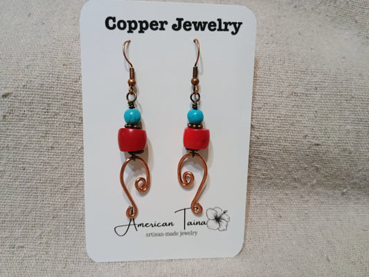 Copper Scroll & Stone Earrings on American Taina jewelry card
