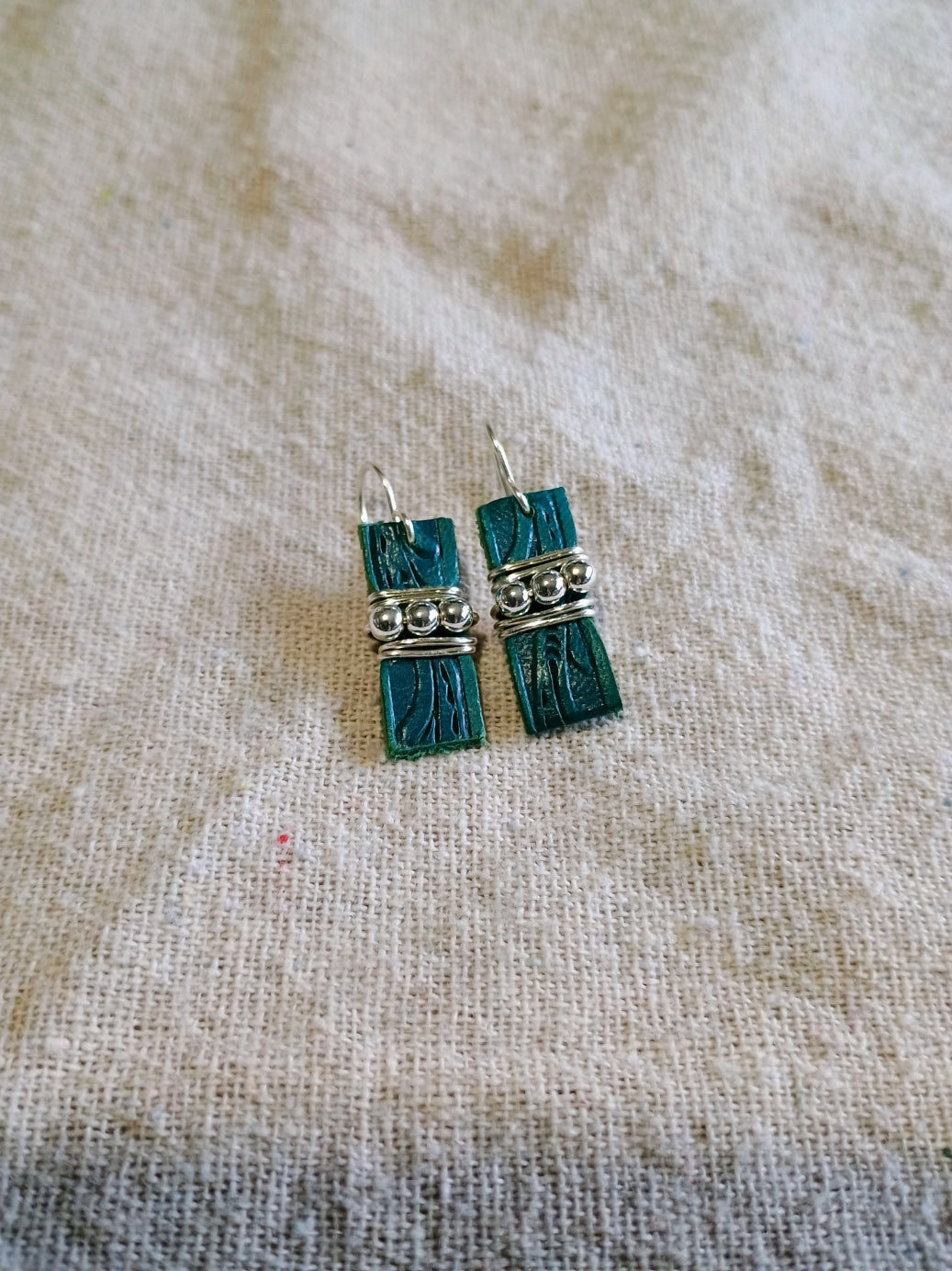 Teal Tooled Leather & Silvertone Hematite Earrings