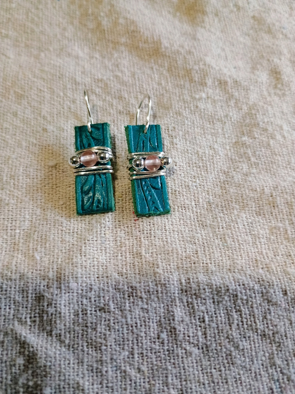 Teal Tooled Leather & Rose Quartz Earrings