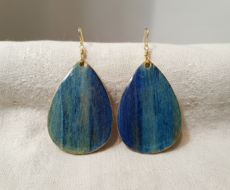 Handpainted Wood Teardrop Earrings – Blue Ombré