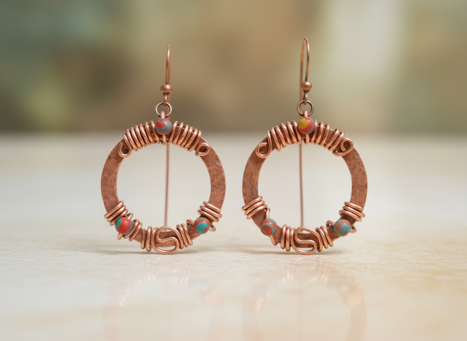 Hammered copper wire-wrapped hoop earrings with multicolor bead accents on marble surface