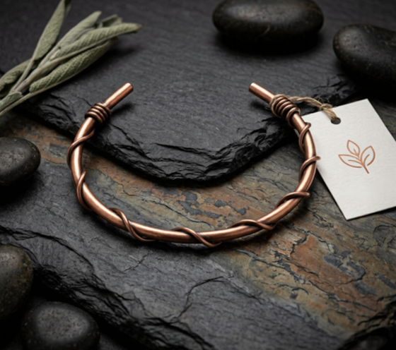Twisted copper wire cuff bracelet styled on dark slate with river stones and sage leaves with American Taina brand tag